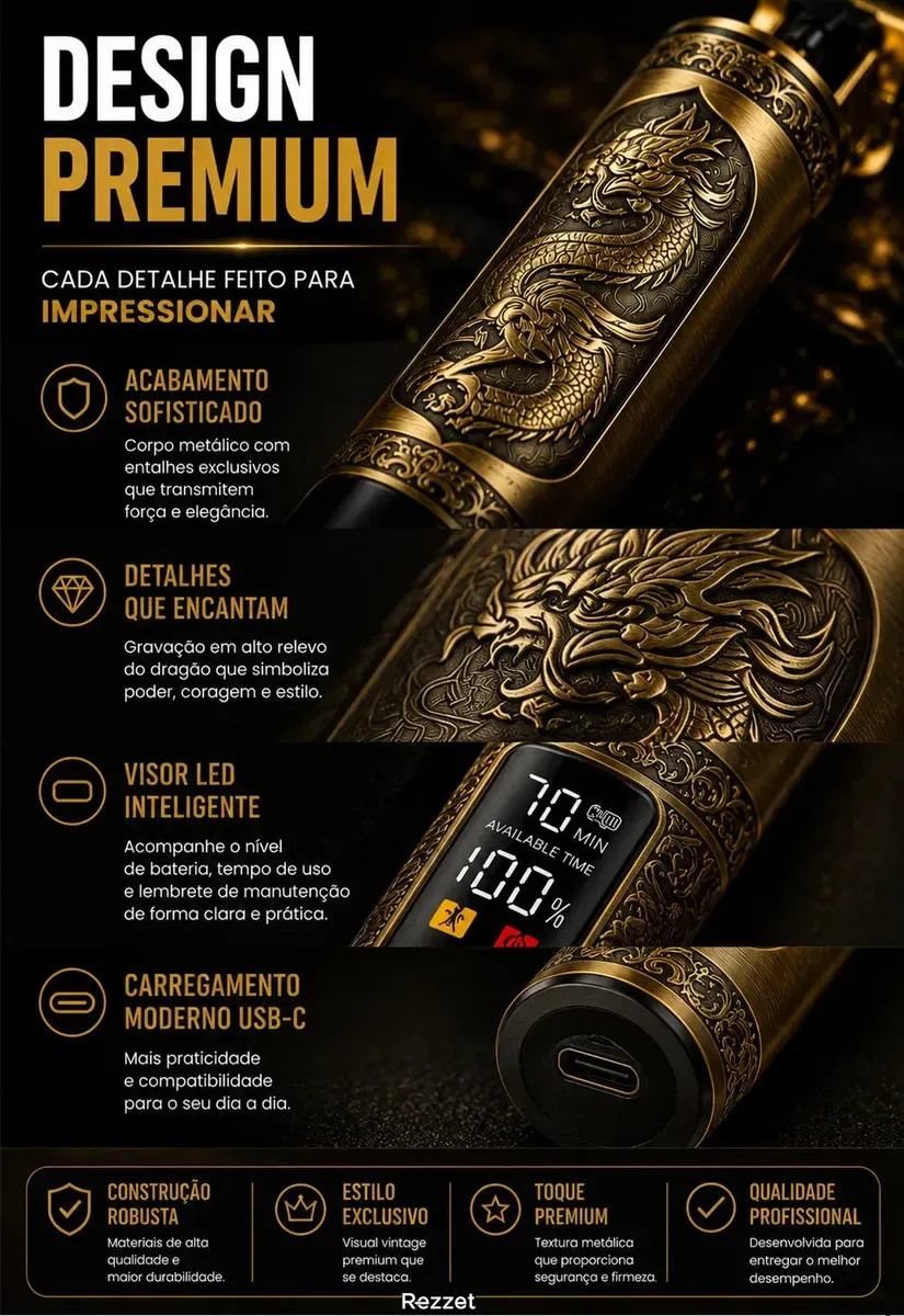 Máquina De Cortar Cabelo E Aparador De Barba Maquinha Profissional Ou Domestica Cortador Dragão Elétrica Depilador Intimo Material Metálico Pelos Acabamento Pezinho Masculino Dourado